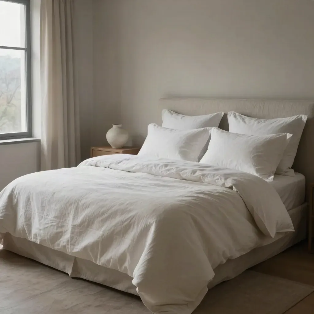 Juego de cama blanco roto en dormitorio elegante con luz suave y mesa cerámica discreta