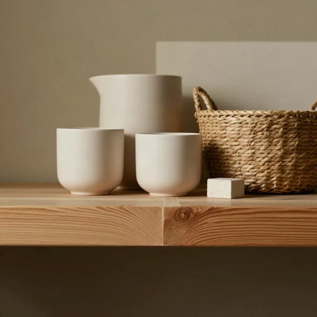 Estante bajo de pino con cerámicas, cesta tejida y bloque decorativo en luz suave.