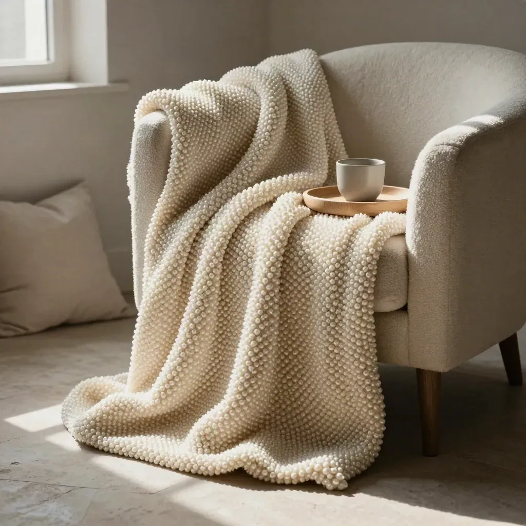 Manta perla sobre sillón bouclé con taza cerámica y bandeja de madera clara.
