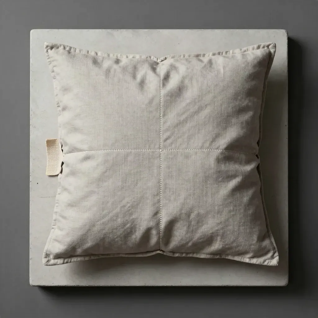 Funda cojín perla doblada con costura visible y tira de lino sobre piedra clara.